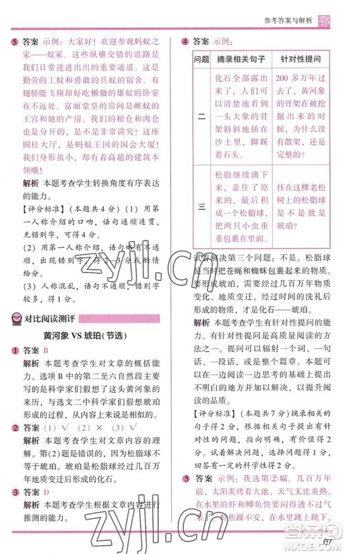 江苏凤凰文艺出版社2022木头马阅读力测评四年级语文下册B版武汉专版答案