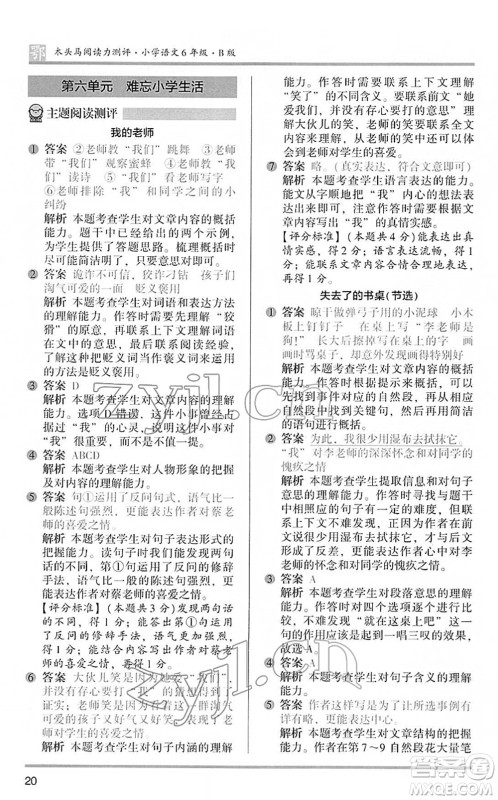 江苏凤凰文艺出版社2022木头马阅读力测评六年级语文下册B版武汉专版答案