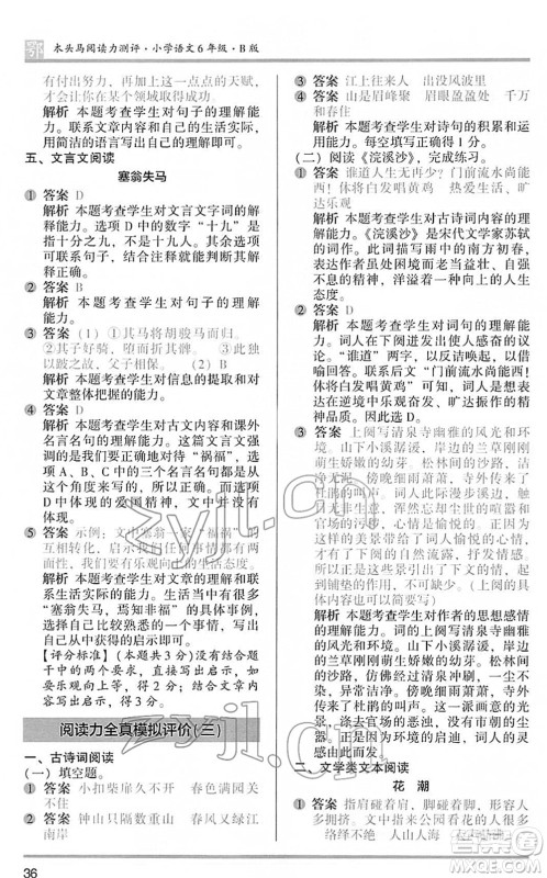 江苏凤凰文艺出版社2022木头马阅读力测评六年级语文下册B版武汉专版答案