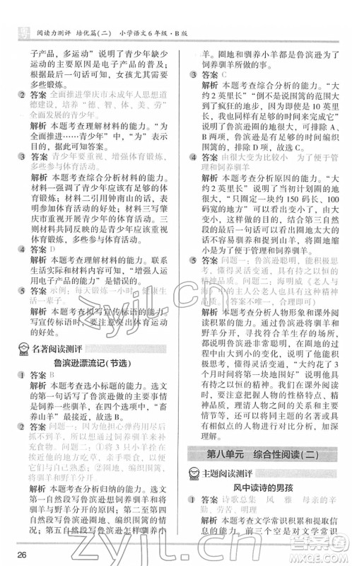 江苏凤凰文艺出版社2022木头马阅读力测评六年级语文下册B版广东专版答案