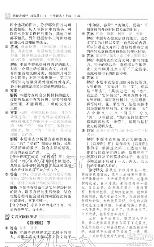 江苏凤凰文艺出版社2022木头马阅读力测评六年级语文下册B版广东专版答案