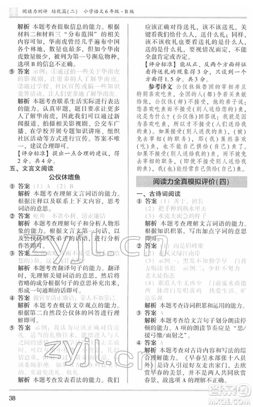 江苏凤凰文艺出版社2022木头马阅读力测评六年级语文下册B版广东专版答案