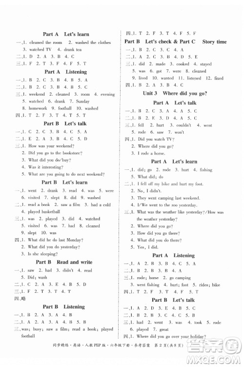 广东教育出版社2022小学同步精练与测试英语六年级下册人教版答案 广东教育出版社2022小学同步精练与测试英语六年级下册人教版答案