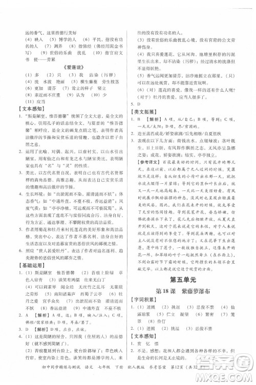 广东教育出版社2022初中同步精练与测试语文七年级下册人教版答案 广东教育出版社2022初中同步精练与测试语文七年级下册人教版答案
