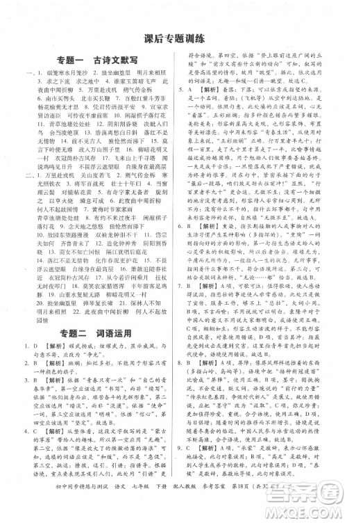 广东教育出版社2022初中同步精练与测试语文七年级下册人教版答案