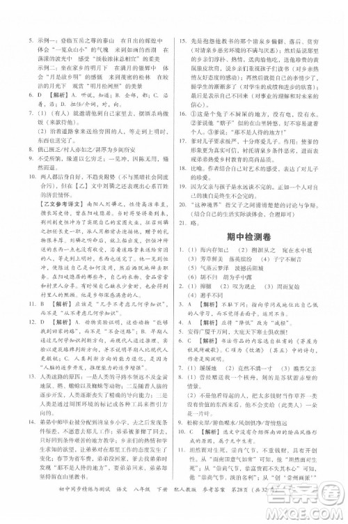 广东教育出版社2022初中同步精练与测试语文八年级下册人教版答案