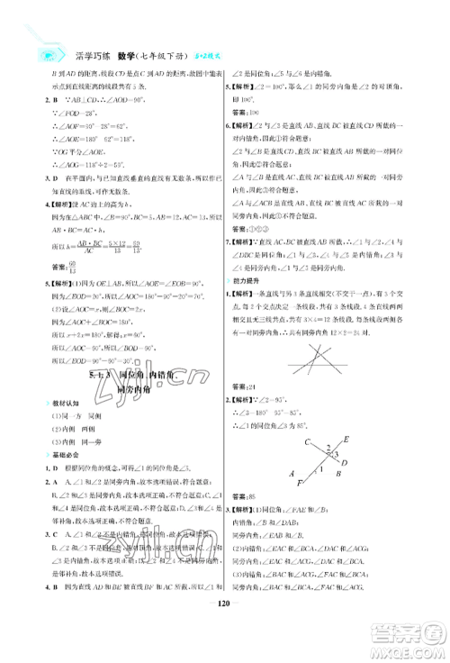 浙江科学技术出版社2022世纪金榜活学巧练七年级下册数学人教版参考答案