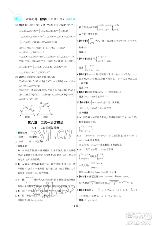 浙江科学技术出版社2022世纪金榜活学巧练七年级下册数学人教版参考答案