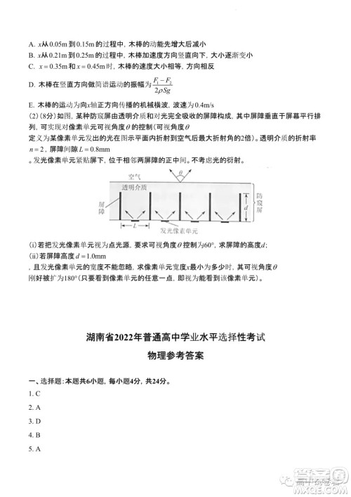 2022高考真题新高考湖南卷物理试题及答案解析