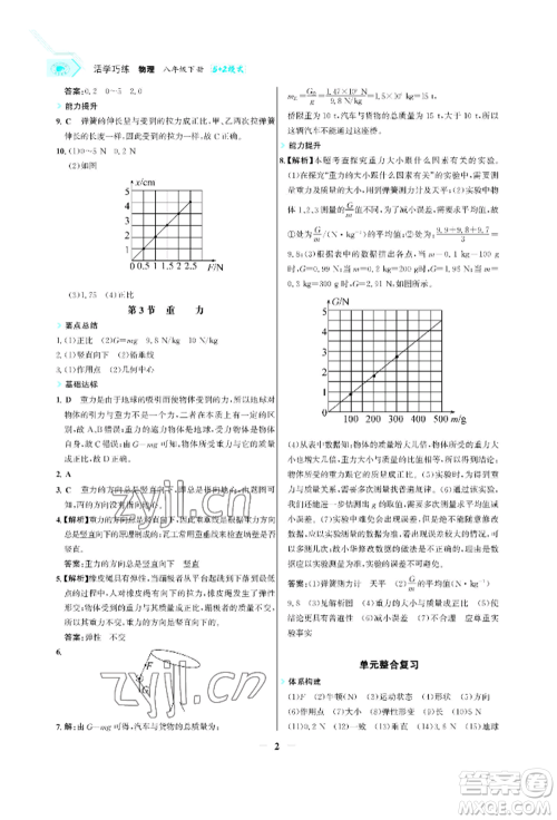 浙江科学技术出版社2022世纪金榜活学巧练八年级下册物理人教版参考答案