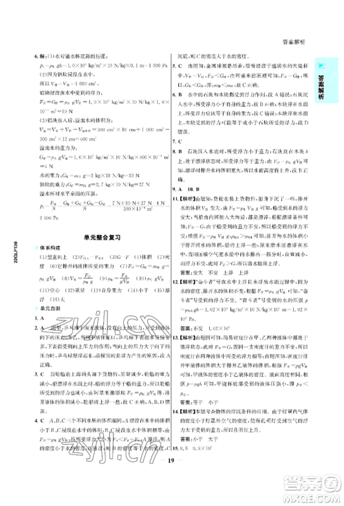 浙江科学技术出版社2022世纪金榜活学巧练八年级下册物理人教版参考答案