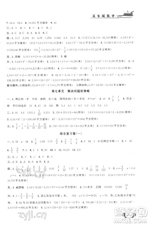 安徽人民出版社2022暑假大串联数学五年级江苏版适用答案