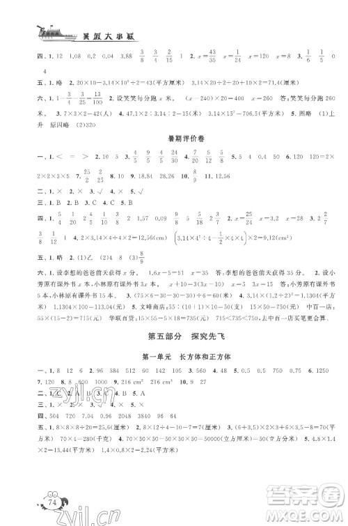 安徽人民出版社2022暑假大串联数学五年级江苏版适用答案