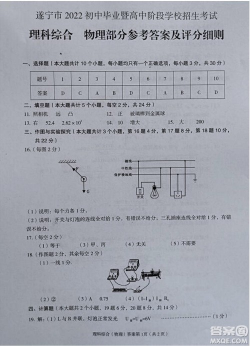 2022年四川省遂宁市中考物理真题试卷及答案