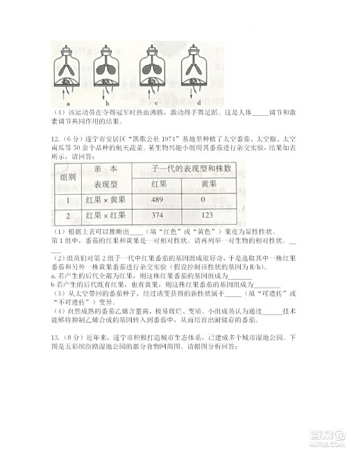 2022年四川省遂宁市中考生物真题试卷及答案