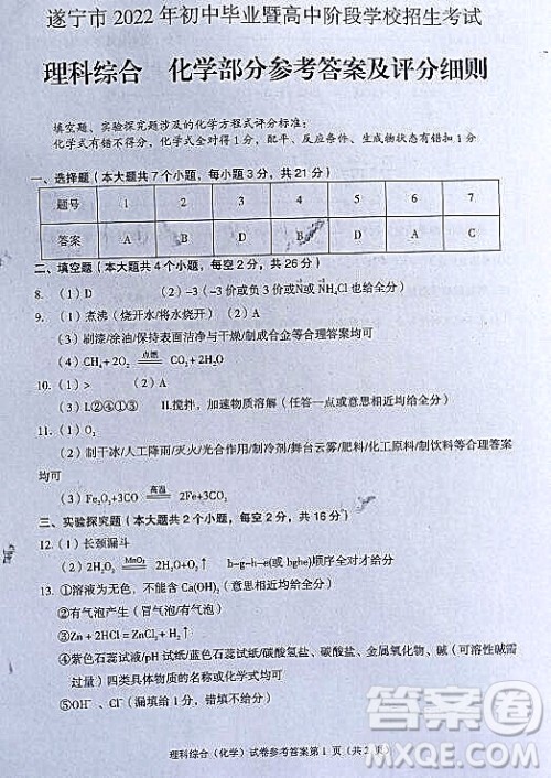 2022年四川省遂宁市中考化学真题试卷及答案