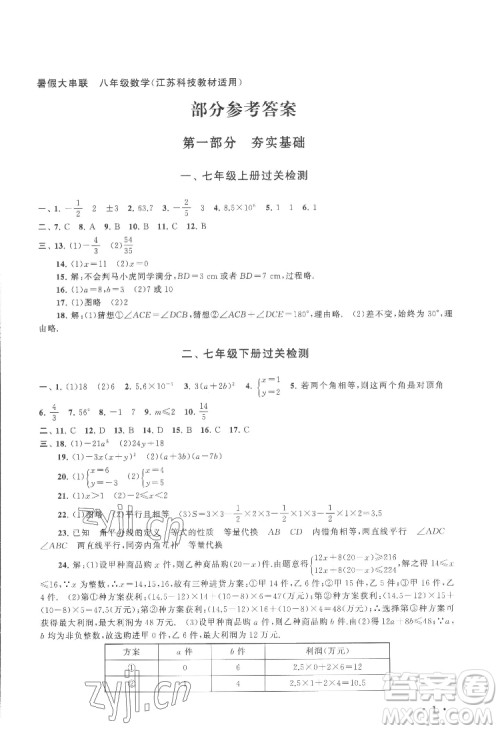 黄山出版社2022暑假大串联数学八年级江苏科技教材适用答案