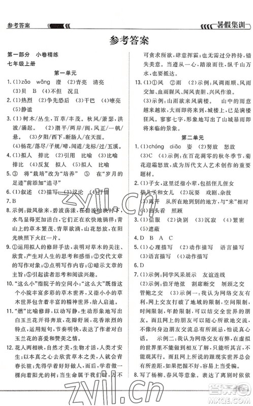 合肥工业大学出版社2022暑假集训七年级语文人教版答案