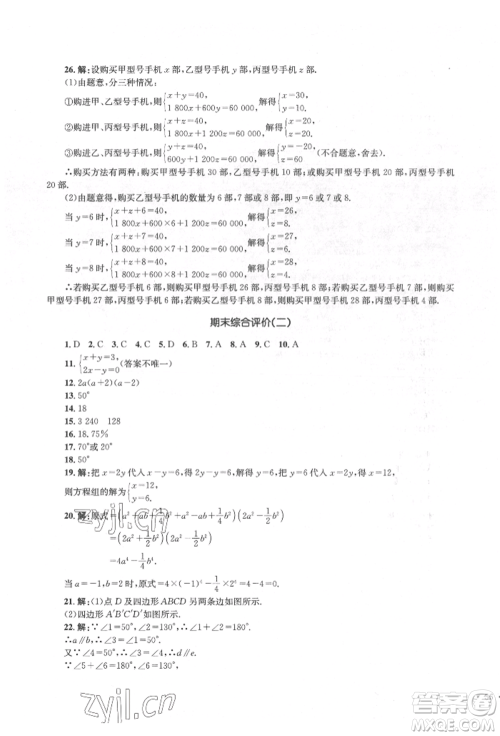 湖南教育出版社2022学科素养与能力提升七年级下册数学湘教版参考答案