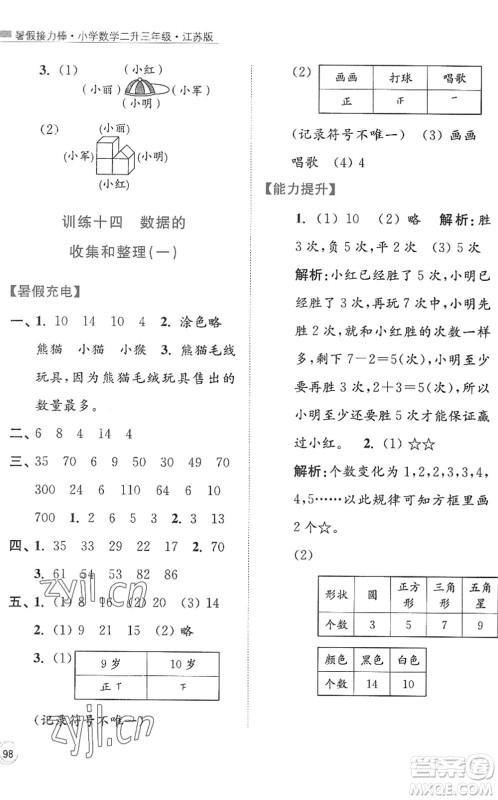 江苏凤凰美术出版社2022暑假接力棒小学数学二升三年级江苏版答案