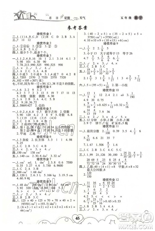 武汉大学出版社2022培优暑假作业五年级数学A版人教版答案