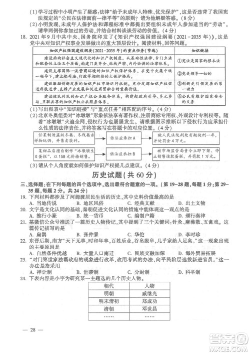 连云港市2022年高中段学校招生统一文化考试道德与法治和历史试题及答案 连云港市2022年高中段学校招生统一文化考试道德与法治和历史试题及答案