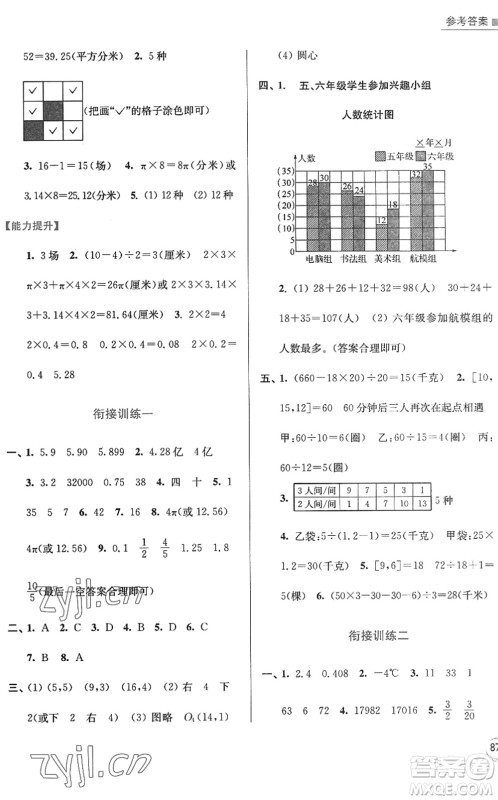 江苏凤凰美术出版社2022暑假接力棒小学数学五升六年级江苏版答案