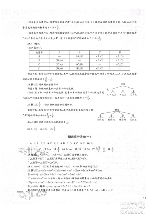 湖南教育出版社2022学科素养与能力提升九年级下册数学人教版参考答案