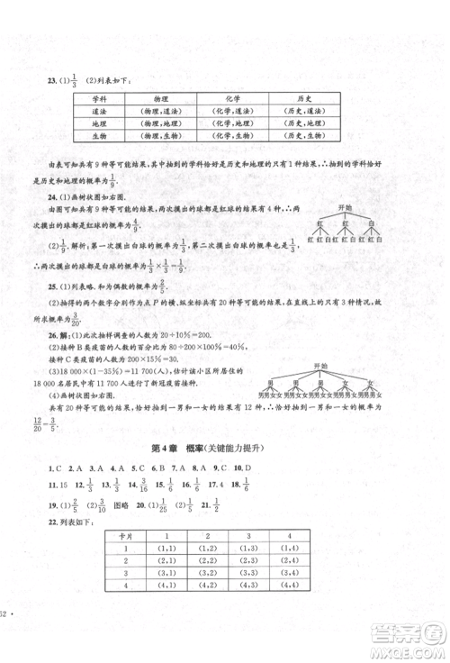 湖南教育出版社2022学科素养与能力提升九年级下册数学人教版参考答案