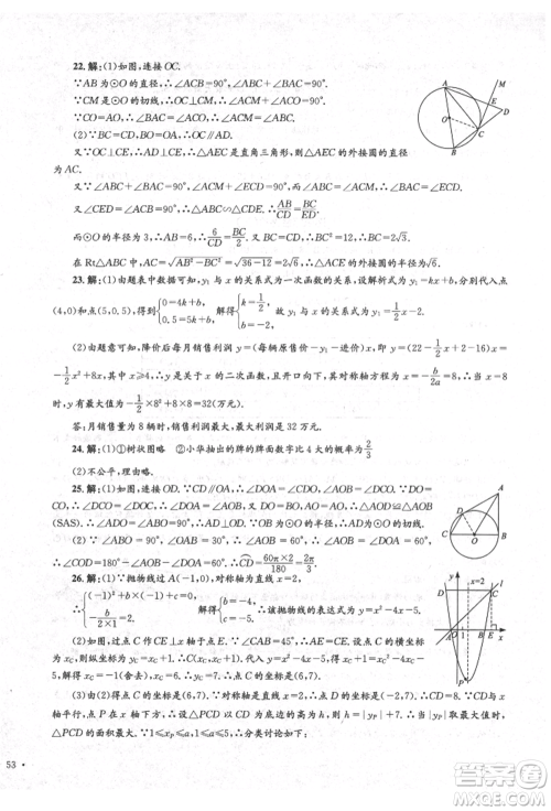 湖南教育出版社2022学科素养与能力提升九年级下册数学人教版参考答案