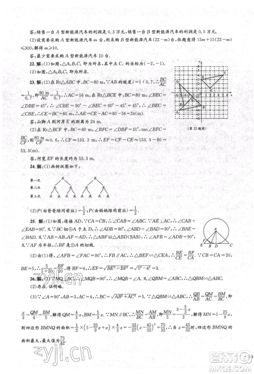 湖南教育出版社2022学科素养与能力提升九年级下册数学人教版参考答案