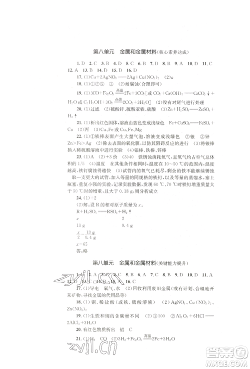 湖南教育出版社2022学科素养与能力提升九年级下册化学人教版参考答案 湖南教育出版社2022学科素养与能力提升九年级下册化学人教版参考答案
