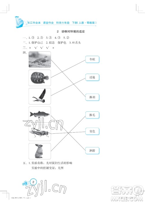 湖北教育出版社2022长江作业本课堂作业科学六年级下册鄂教版答案