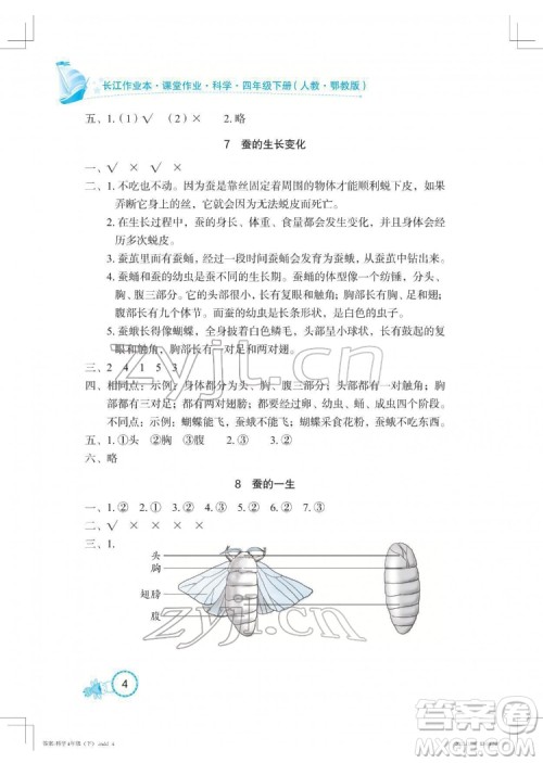 湖北教育出版社2022长江作业本课堂作业科学四年级下册鄂教版答案