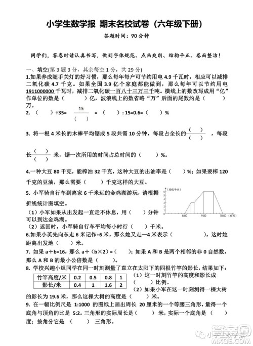 2022春小学生数学报六年级期末名校试卷答案