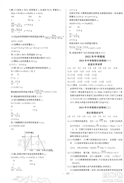 吉林人民出版社2022智慧大课堂学年总复习全程精练备战中考化学通用版潍坊专版参考答案