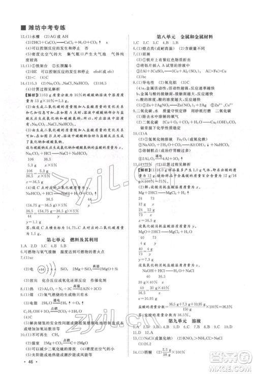 吉林人民出版社2022智慧大课堂学年总复习全程精练备战中考化学通用版潍坊专版参考答案
