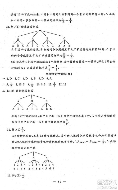 吉林教育出版社2022文曲星中考总复习九年级数学下册RJ人教版答案