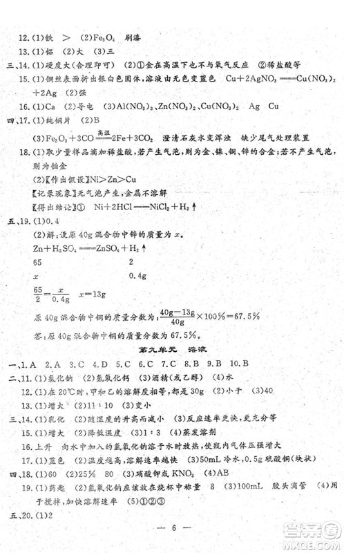 吉林教育出版社2022文曲星中考总复习九年级化学下册RJ人教版答案