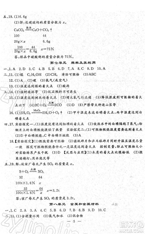 吉林教育出版社2022文曲星中考总复习九年级化学下册RJ人教版答案