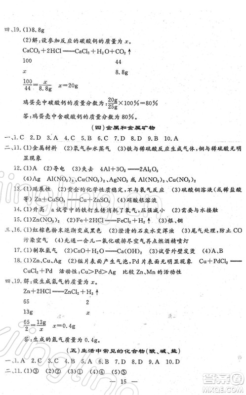 吉林教育出版社2022文曲星中考总复习九年级化学下册RJ人教版答案