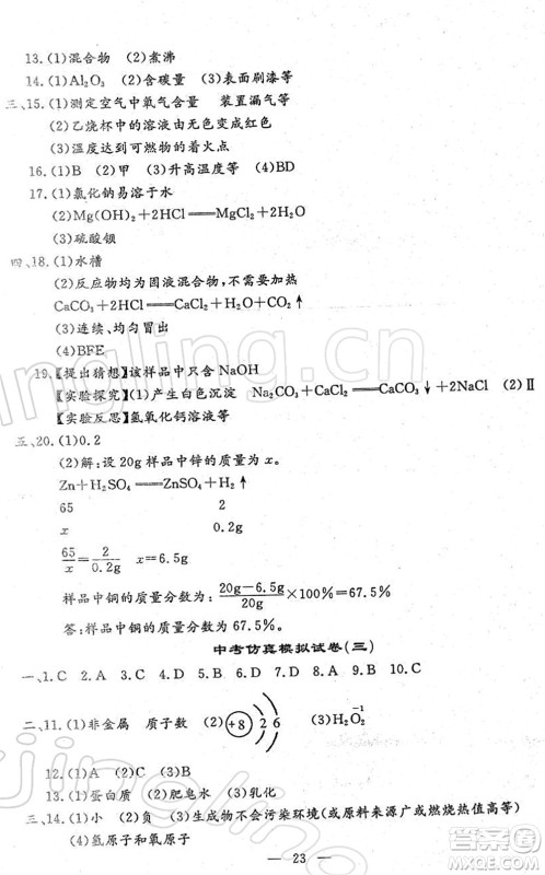 吉林教育出版社2022文曲星中考总复习九年级化学下册RJ人教版答案