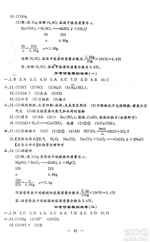 吉林教育出版社2022文曲星中考总复习九年级化学下册RJ人教版答案