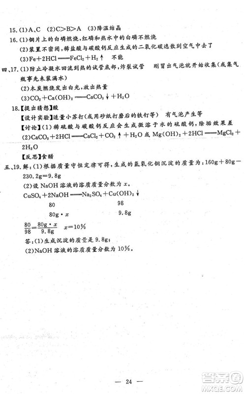 吉林教育出版社2022文曲星中考总复习九年级化学下册RJ人教版答案