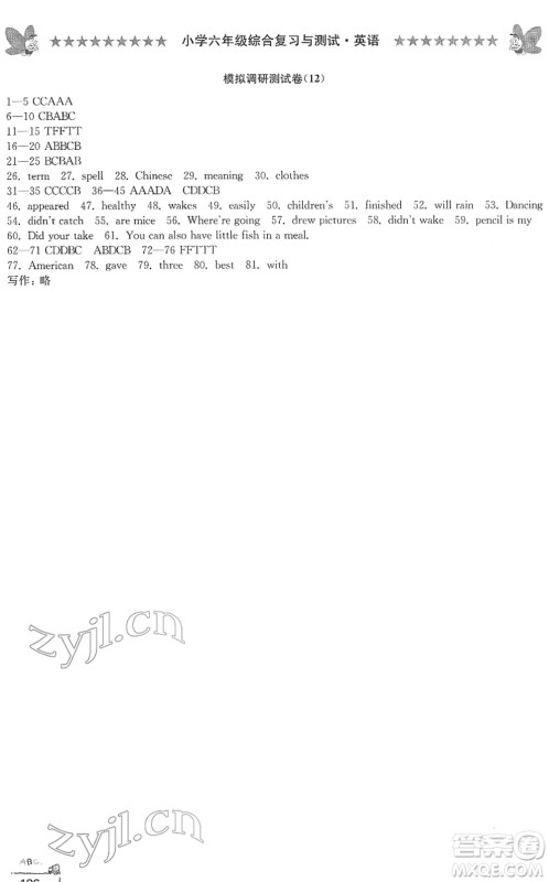 江南电子音像出版社2022综合复习与测试六年级英语下册人教版答案 江南电子音像出版社2022综合复习与测试六年级英语下册人教版答案