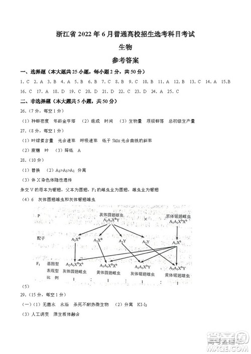 2022年高考真题浙江卷生物试题及答案解析