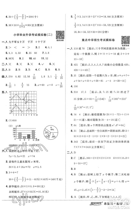 江西教育出版社2022阳光同学小学毕业升学系统总复习六年级数学下册人教版答案 江西教育出版社2022阳光同学小学毕业升学系统总复习六年级数学下册人教版答案