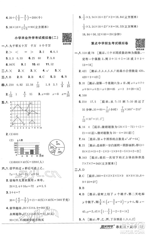 江西教育出版社2022阳光同学浙江省小学毕业升学系统总复习六年级数学下册人教版答案