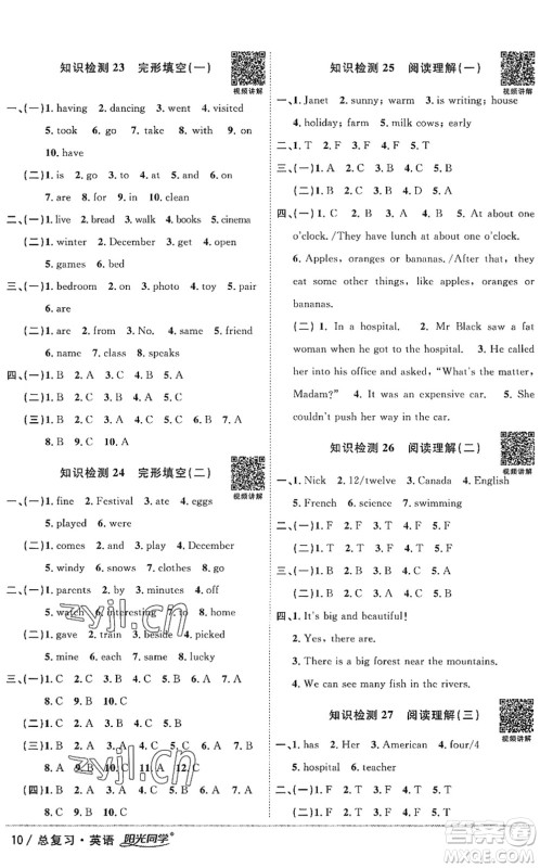 江西教育出版社2022阳光同学小学毕业升学系统总复习六年级英语下册人教版答案