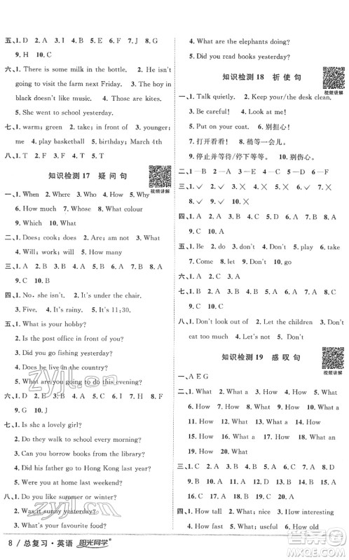 江西教育出版社2022阳光同学浙江省小学毕业升学系统总复习六年级英语下册人教版答案